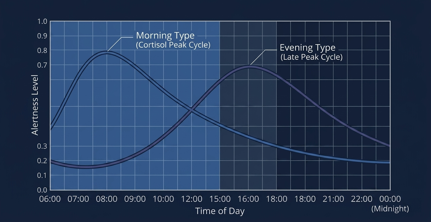 Graph comparing alertness levels across the day for morning and evening chronotypes