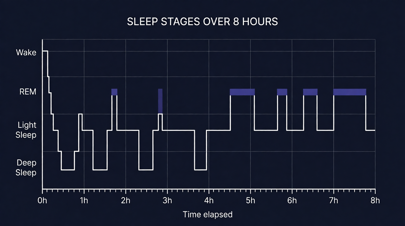 Sleep stages chart showing REM concentration in the later hours of an 8-hour sleep period